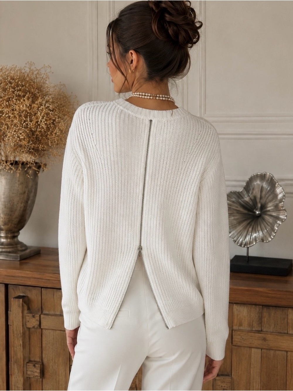 Armani Exchange White 100% Cotton Knit Back Zip Sweater Size L Y2K